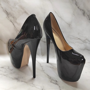 欧美超高细跟20cm漆皮圆头大码浅口单鞋恨天高跟鞋性感时装女鞋