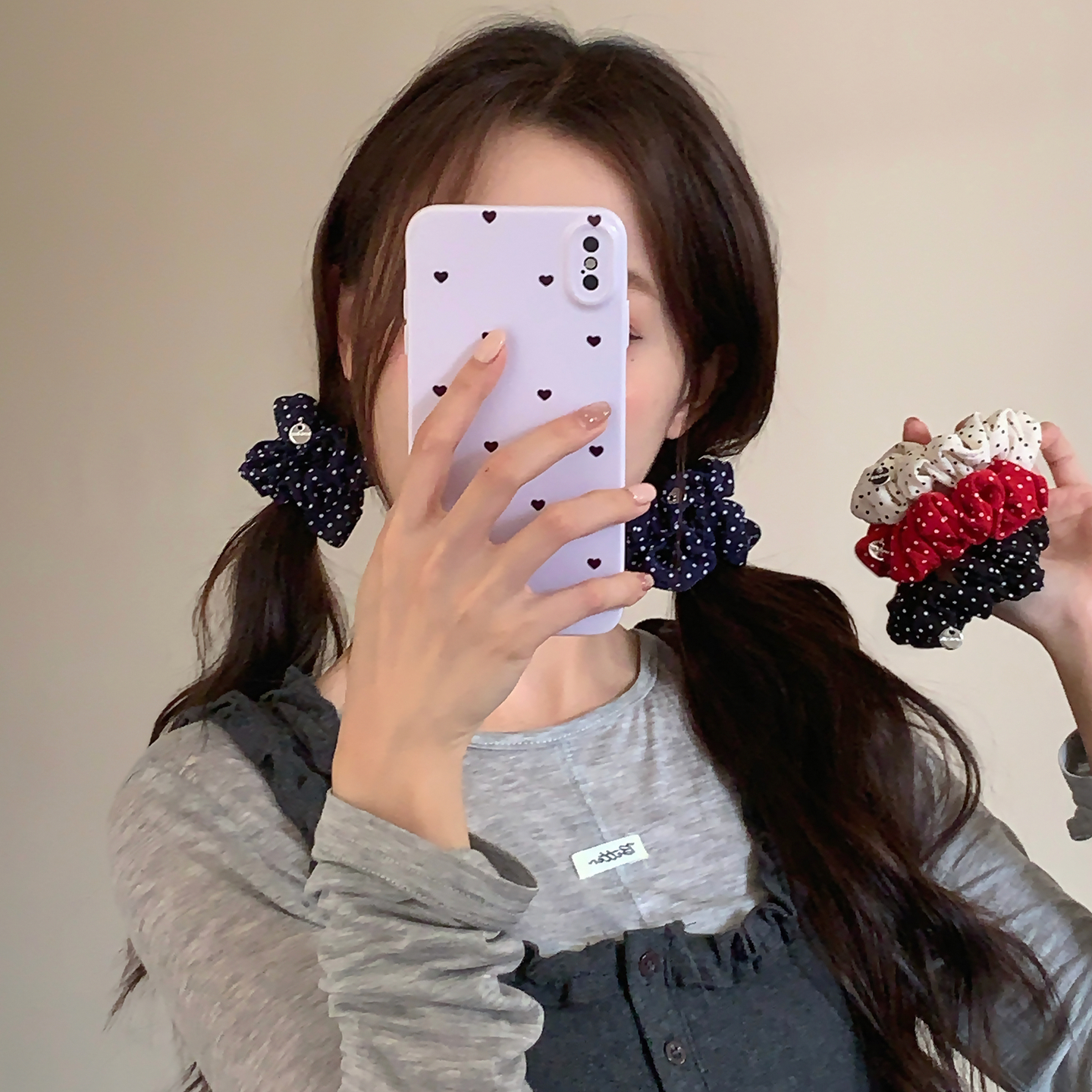 缪感少女。百搭波点褶皱布艺肠圈发绳手作带标发圈头绳基础发饰品