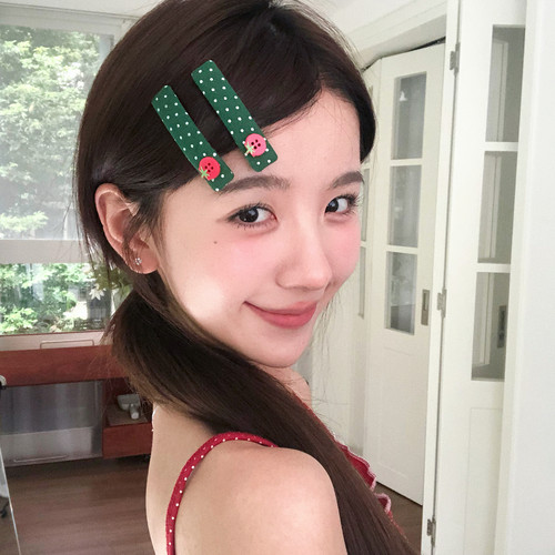 复古森系草莓纽扣发夹绿色波点BB夹刘海夹发卡侧边夹子韩系掰掰夹