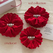 杨超越同款 高品质红色蕾丝花边发圈法式 复古温柔发绳大肠圈发饰女