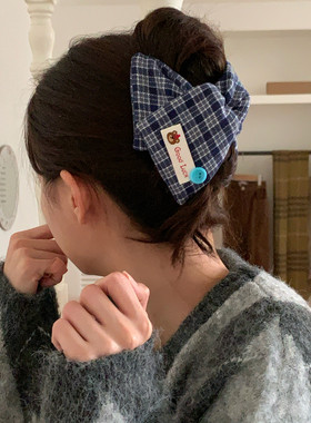 学院风小熊布标格纹三角抓夹鲨鱼夹高马尾发爪女盘发夹显发量发卡