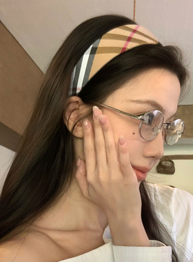 复古咖色格纹宽边发箍英伦学院风压发头箍增高颅顶发卡高级感发饰