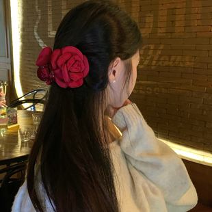 复古红玫瑰花朵抓夹发圈优雅气质半扎发卡氛围感马尾发绳头绳发饰