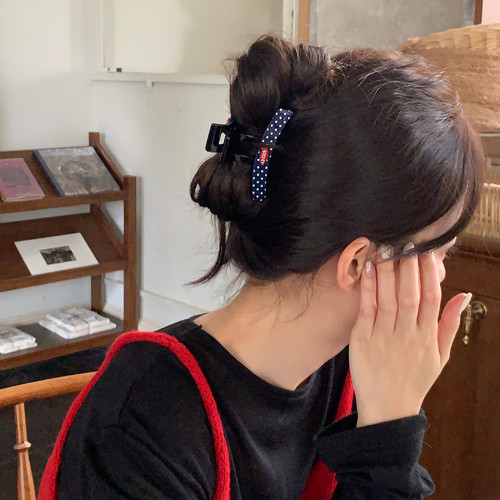 韩系藏青波点抓夹复古百搭气质发抓后脑勺鲨鱼夹半扎盘发夹子发饰