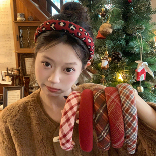 新年红运 毛呢格子豹纹海绵发箍复古百搭高颅顶头箍压发发卡发饰