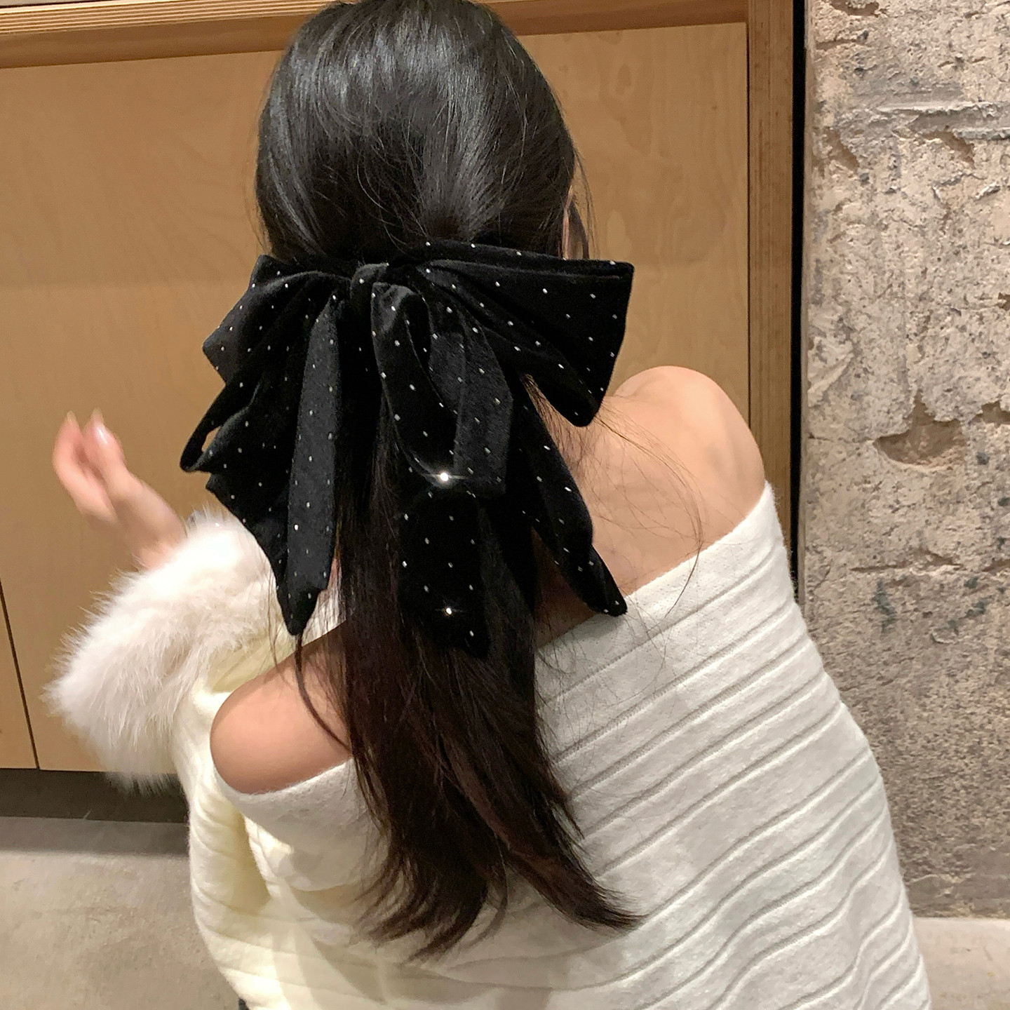 星河闪闪~超大水钻丝绒蝴蝶结发夹正脸可见发卡顶夹高级感发饰品