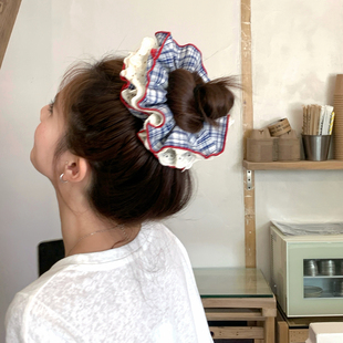 韩漫少女！蓝格子双层蕾丝花边发圈大肠圈饱满后脑勺盘发头绳发饰