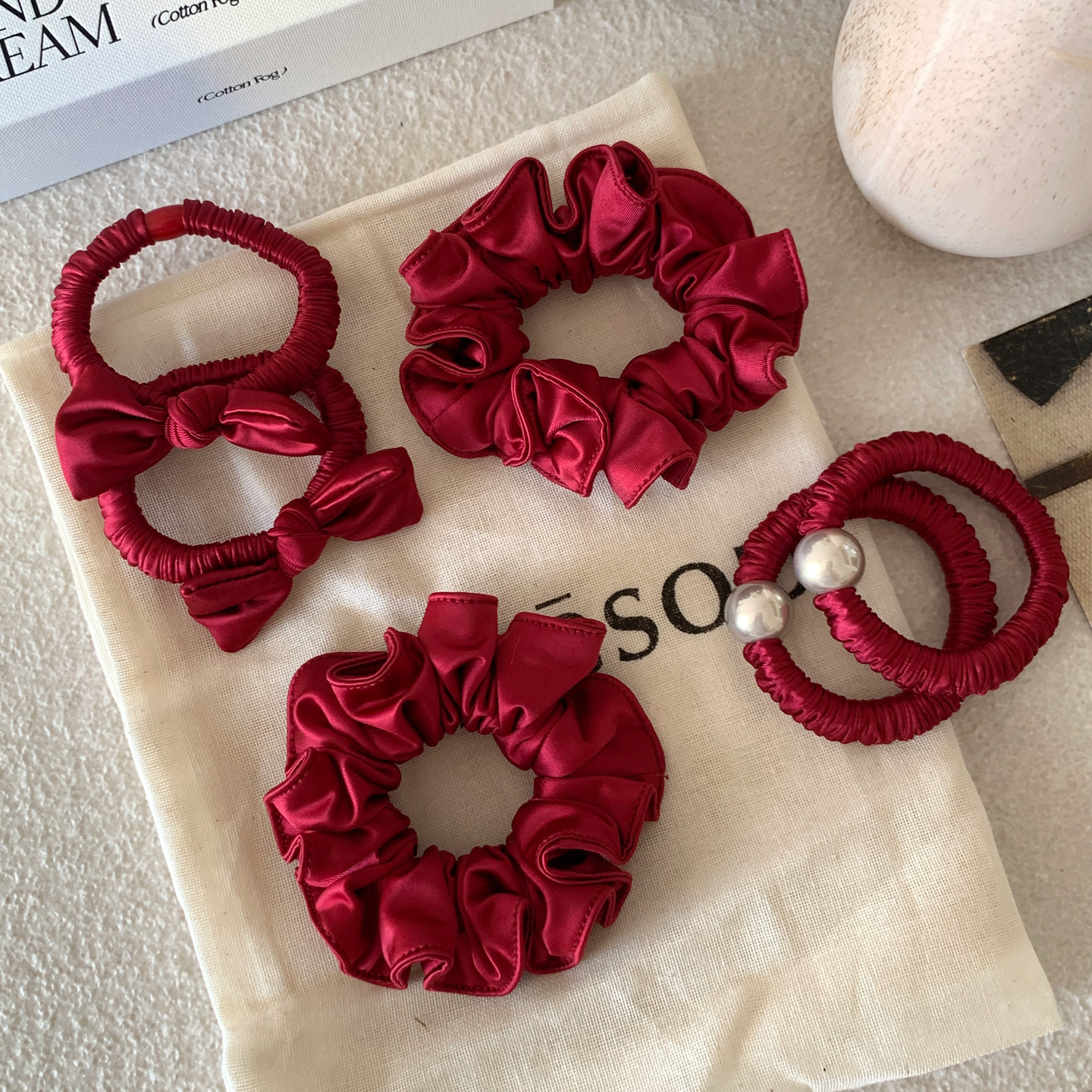 新年红系！珍珠蝴蝶结发绳百搭高弹力发绳皮筋超柔软面膜发圈发饰