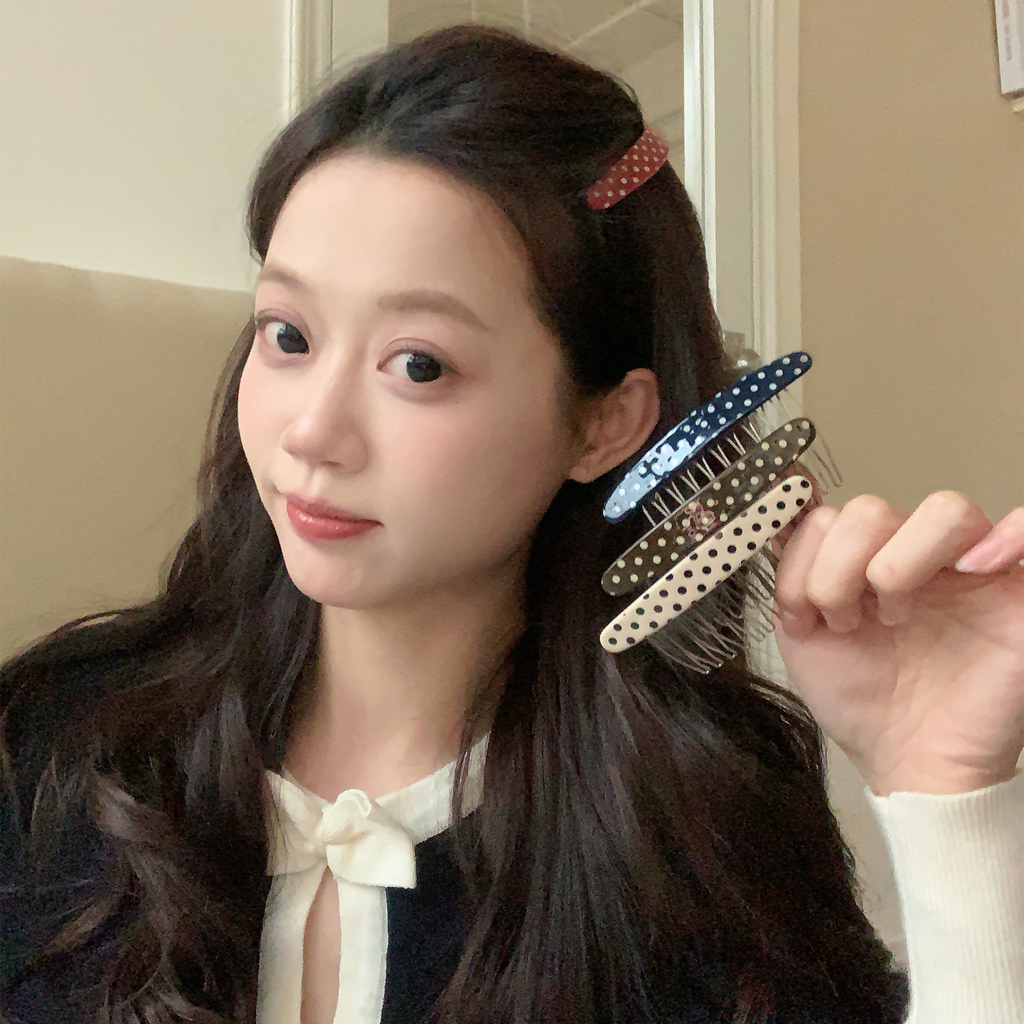 复古波点醋酸弧形齿梳发卡实用整理碎发神器倒插梳蓬松高颅顶发卡