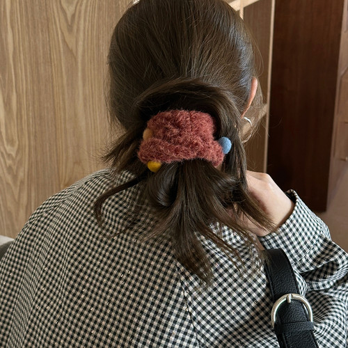 撞色毛球针织发绳韩系少女毛绒绒发圈头绳扎马尾皮筋秋冬新款发饰