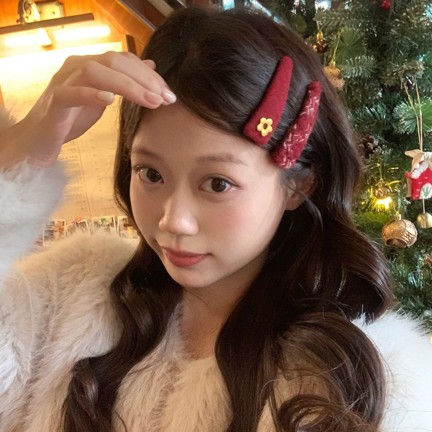 2个装 红色系小香风毛呢花朵BB夹发卡新年氛围感发夹碎发边夹发饰