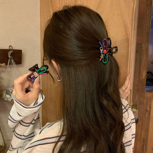 多巴胺撞色小熊蝴蝶结抓夹韩系少女心发抓半扎盘发夹子鲨鱼夹发饰