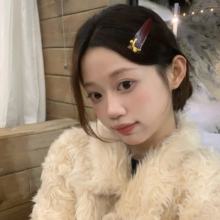 质感黑调酒红~金属蝴蝶结发夹pu皮质三角形刘海夹BB夹发卡边夹女