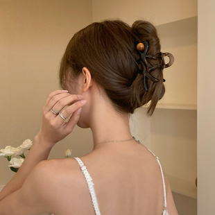 透明琥珀色海星抓夹中古风木纹珠子蝴蝶结鲨鱼夹后脑勺盘发夹发饰