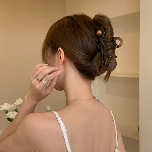 透明琥珀色海星抓夹中古风木纹珠子蝴蝶结鲨鱼夹后脑勺盘发夹发饰