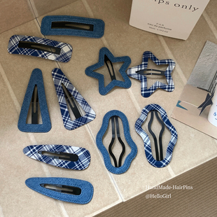 2个装 复古藏蓝色系发夹BB夹格子牛仔刘海夹掰掰夹高级感发卡边夹