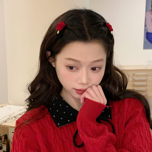 可爱丝绒花朵发夹法式复古高级感刘海侧边卡子ins网红发饰新年红