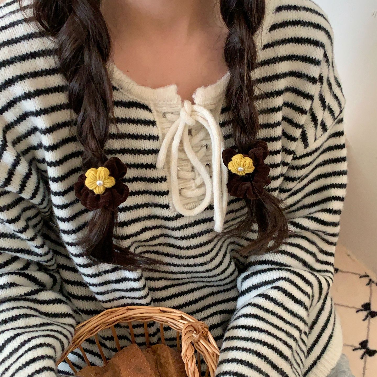 韩系珍珠毛线花朵发圈复古丝绒小肠圈头绳秋冬氛围感少女发绳发饰