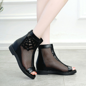 镂空网面网纱鱼嘴鞋 中低跟女鞋 网鞋 2024春夏季 平底舒适凉鞋 女凉靴