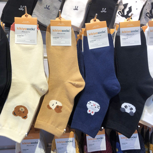 韩国kikiya袜子卡通狗狗中筒女袜秋季 144针拼色脚尖棉袜1165 新款