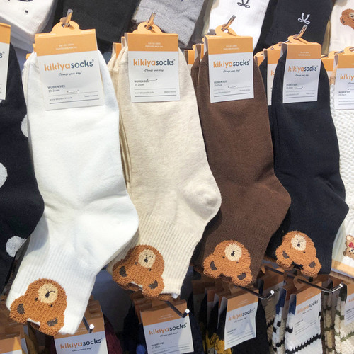 韩国KIKIYA袜子可爱女生卡通棉袜立体小熊日系纯色中筒女1158