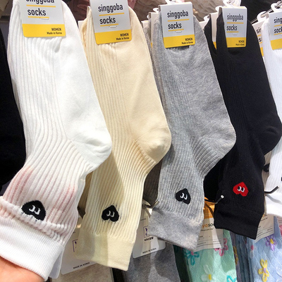 韩国singgoba春夏薄款袜子miu系爱心中筒慵懒风透肉坑条女袜9325