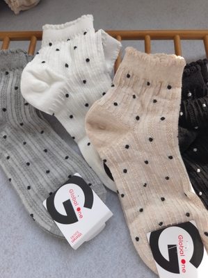 韩国春夏薄款袜子透气波点花边中筒东大门新款百搭棉袜7141
