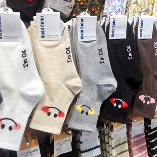 韩国进口VIVID袜子25治愈系开心笑脸少女袜卡通动漫中筒棉袜5134