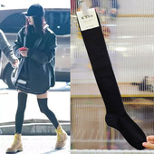 韩国长筒女袜东大门过膝长袜高帮小腿袜纯黑色学院风女棉袜子9015