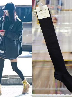 韩国长筒女袜东大门过膝长袜高帮小腿袜纯黑色学院风女棉袜子9015