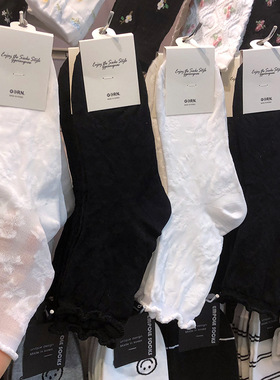 韩国春夏新款袜子GG浮雕藤蔓花朵黑白纯色女袜木耳花边中筒袜2136