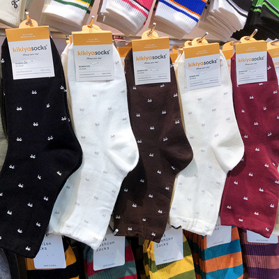 【她他韩袜】kikiya满印小蝴蝶结女袜中筒东大门秋冬新款棉袜1233