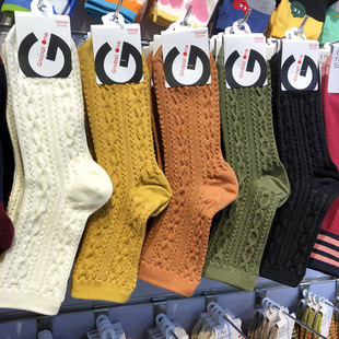 韩国进口新款 棉袜女glalalane麻花螺纹中筒袜纯色女袜子百搭7060