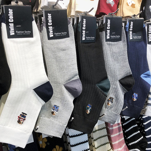 韩国VIVID男士袜子复古英伦风绅士熊中筒潮男袜时尚拼色棉袜5125
