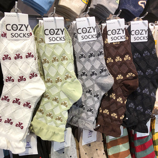 韩国COZY女袜浮雕菱格蝴蝶结中筒甜美木耳边棉袜4144 她他韩袜