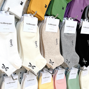 韩国东大门袜子春夏新款 女短筒棉袜蝴蝶结字母外穿纯色短袜9321