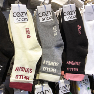 韩国秋季 袜子COZY假两件潮牌字母少女袜嘻哈运动风中筒棉4052 新款