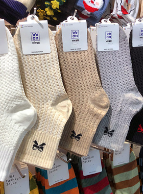 韩国进口女袜纯色芭蕾风蝴蝶结少秋冬新款浮雕格纹中筒棉袜9378