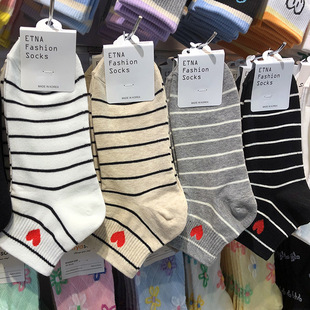 韩国春夏新款 女袜ETNA学院风爱心条纹控短筒棉袜日系少女袜子3122