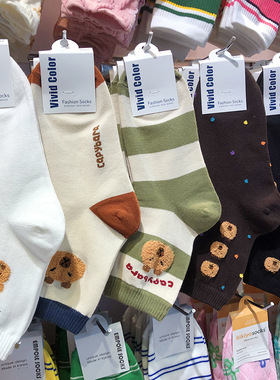 韩国vivid新款女袜学院风植绒小熊少日系卡通中筒棉袜5188