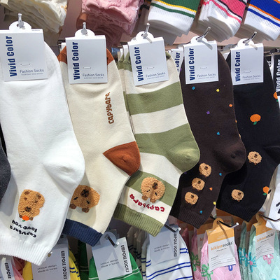 韩国vivid新款女袜学院风植绒小熊少日系卡通中筒棉袜5188