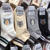 韩国COZY男袜2025春夏新款 两杠短筒棉袜英伦风橄榄枝字母低腰4093