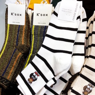 韩国袜子男女情侣款 袜子EMPOLE绅士小熊棉袜东大门条纹中筒袜6009