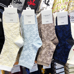 韩国GG新款棉袜木耳边浮雕感花朵女袜纯色基础款中筒袜子2083