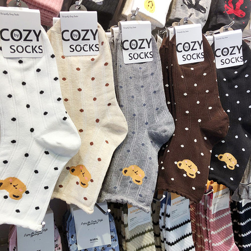 韩国进口COZY新款女袜可爱波点小熊头薄棉袜木耳花边中筒袜4073