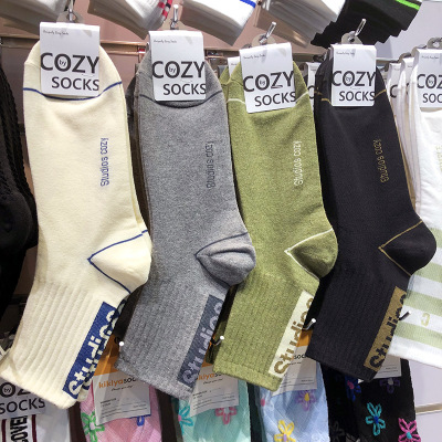 韩国COZY新款男士中筒棉袜英伦风系后跟字母运动袜吸汗秋冬4128