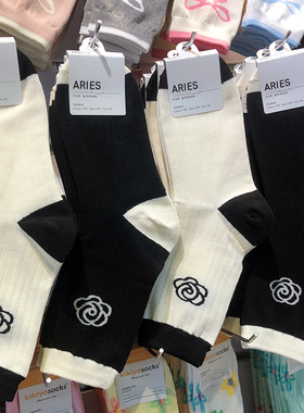 韩国进口袜子法式唯美玫瑰花女袜拼色口黑白中筒棉袜9304