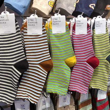 韩国进口ETNA秋冬新款条纹控女生棉袜轻复古拼色跟中筒袜3135