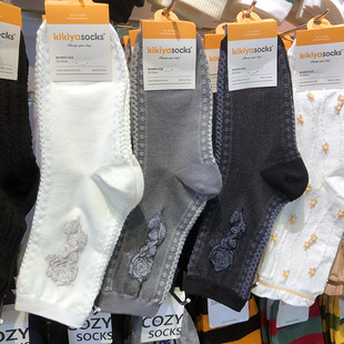 韩国进口kikiya袜子女袜中筒秋冬新款简约时尚玫瑰花纯色棉袜1226