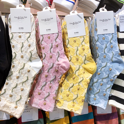 【她他韩袜】韩国ggorangnae秋冬新款唯美花女生棉袜中筒袜子2118